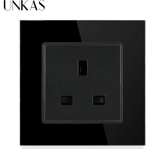 UNKAS UK Standard 13A Wall Power Socket White Tempered Crystal Glass Panel AC 110~250V Plug 86mm*86mm Black Outlet
