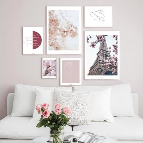 Pink Flower Posters Paris Tower Picture Nordic Canvas Painting for Living Room Girls Bedroom Wall Art Prints Fashion Home Decor