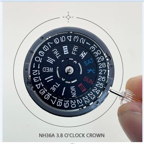 SEIKO NH36/NH36A Black Automatic Movement Self-winding Mechanical Date/Day Setting 24 Jewels Crown at 3.8 Watch Replacements