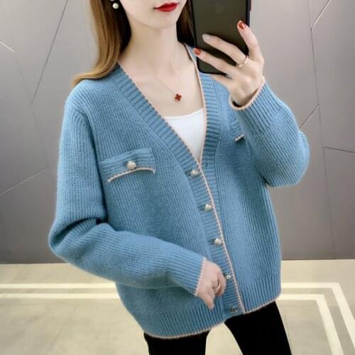 Room 200456 3 row 3 No.3 middle] real V-neck fake pocket loose long sleeve knitted cardigan 50