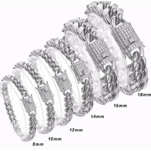 New Arrival 8/10/12/14/16/18mm Stainless Steel Miami Curb Cuban Chain Crystal Silver Color Polished Bracelet Mens Jewelry