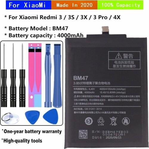 New 2020 years Mobile phone battery for Xiaomi Redmi 3 / 3X / 3S / 3 Pro / 4X mobile model BM47 4000mAh Replacement batteries