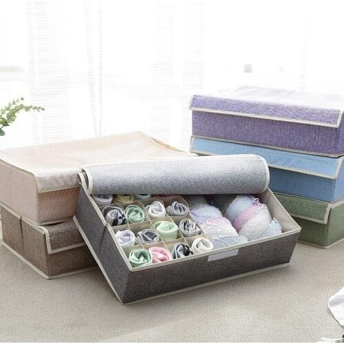 New Washable 17-cell Cotton and Linen Underwear Storage Box, Foldable Bra Storage Box, Covered Panties and Socks Storage Box
