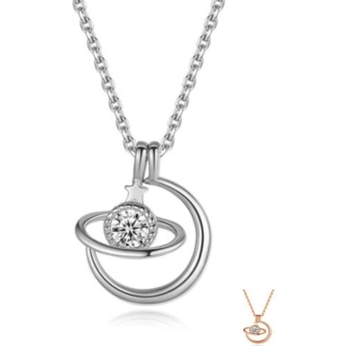 SILVERHOO Real 925 Sterling Silver Planet Moon Around Pendant Necklaces For Women Trendy Cubic Zirconia Necklace Charms Jewelry