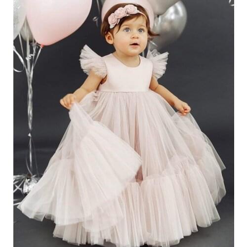 Customized Lovely Baby Girl Birthday Dress O Neck Satin Top Puffy Tulle Kids Clothes Flower Girl Dress Prom Party Gown