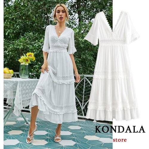 KONDALA Za Backless White Women Summer Dress Hollow Out Lace Ruffle Midi Dress Fashion 2021 V Neck Short Sleeve Elegant Vestidos