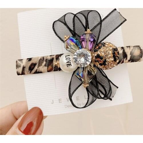 Leopard Organza Duckbill Clip Korean Fashion Bow Hairpin Retro Yarn Bow Hair Clips Rhinestone Elegant Hair Accessories for Girls