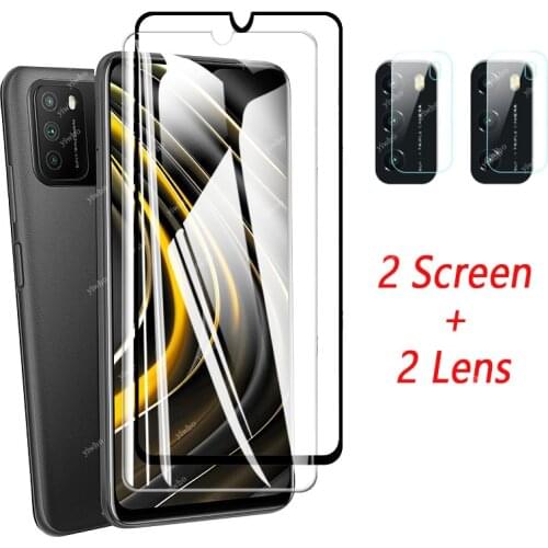 On for Xiaomi Poco M3 Glass Tempered Glass Film Screen Protector Xiomi M 3 Xiami Pocom3 M2010J19CG 6.53" 4 In 1 Safety Glass