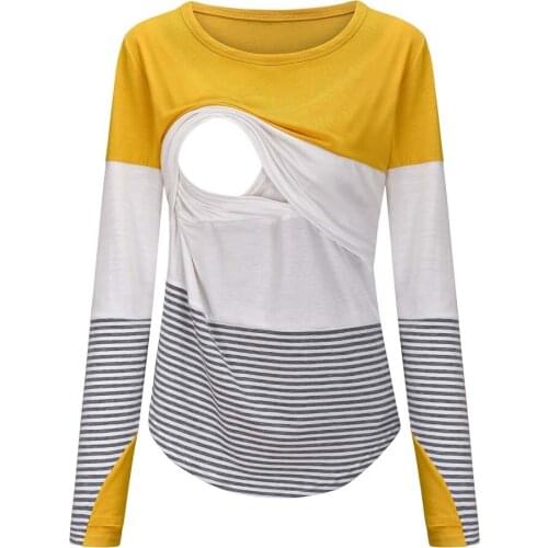 Women Pregnant Nursing Maternity O-Neck Long Sleeve Splicing Stripe Tops Nursing Breastfeeding Top T-shirt polera maternal mujer
