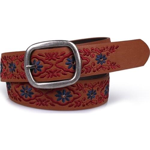 Women Vintage Ethnic Style Belt Ladies Luxury Embroidered Red Blue Flower Womans Waist Belt Female PU Leather Waistband