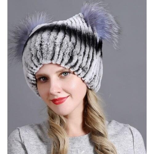 Rex Rabbit Fur Beanie Women Hat Ladies Winter Thickened Soft Warm Ear Protection Cap Female Korean Cat Ear Skullies Hats H7028