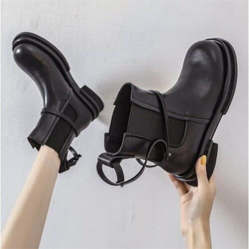 Women Ankle Boots Platform Fashion 2021 Ladies Boots PU Leather Shoes Plus Size Woman Black Thick Bottom Female Shoes Botas