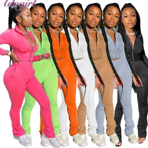 Women Jogger Two Piece Set Solid Long Sleeve Zipper Crop Tops Jacket Bikers Sweatpants Suit Matching Set Outfit Sporty Tracksuit