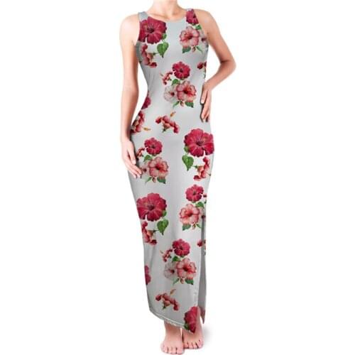 HYCOOL Red Hibiscus Print Sexy Sleeveless Long White Dress Elegant Casual Women Lady Plus Size Bodycon Maxi Wedding Guest Gowns