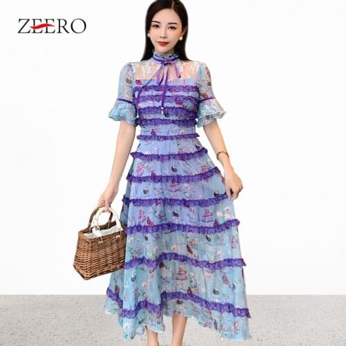 Summer Women Sexy Floral Print Flare Sleeve Bow Neck Ruffles Maxi Lace Dress Elegant Female Vintage Purple Party Dresses Vestido