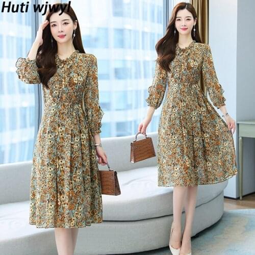 Spring Autumn Floral Chiffon Fashion Midi Dress Women Korean Casual Beach Long Sleeve Dresses 2021 Elagant Bodycon Party Vestido