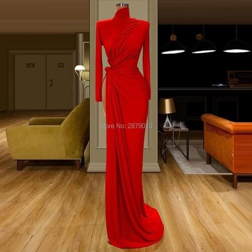 Elegant Red Mermaid Evening Dress Floor-Length Prom Dress Satin Robe De Soiree Aibye Middle East Dubai Illusion Arabic Dubai