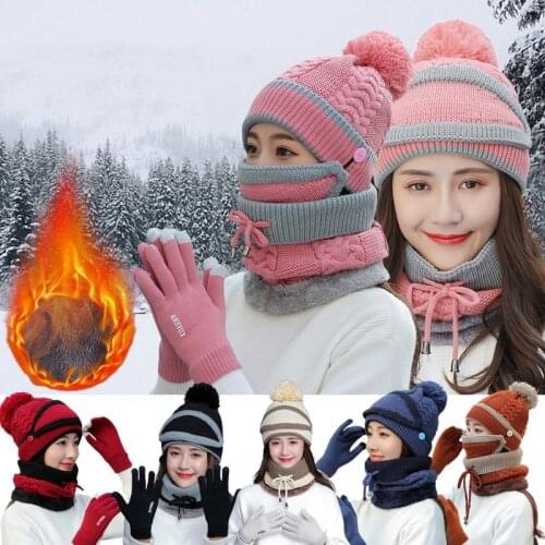 Winter Mask Hat Scarf Set Thick Warm Women Winter Accessories Fleece Inside Knitted Hat Scarf Set 3pcs Winter Riding Hats