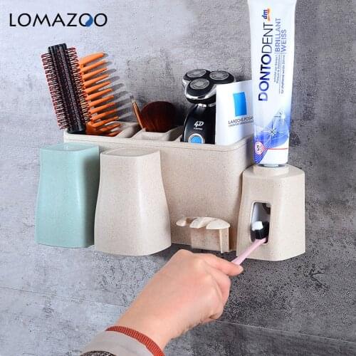 1 Set 2/3/4 People Wheat Straw Family Toothbrush Holder With Cups with Toothpaste Squeezer Dispenser Wall Mount Suction Bathroom