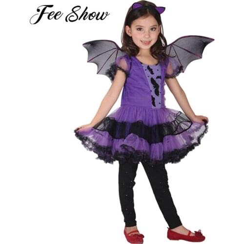 Cute 3pcs Girls Halloween Purple Bat Vampire Princess Dress Wing Headband Cosplay Costume Kids Sets Scary Clown Ghost Witch 4-8Y
