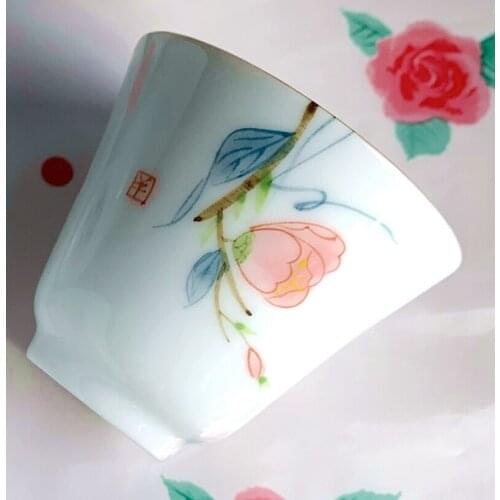 4Pcs Peach Blossom Porcelain Teacup Hand-Painted Ceramic Tea Set White Porcelain Kung Fu Tea Cups