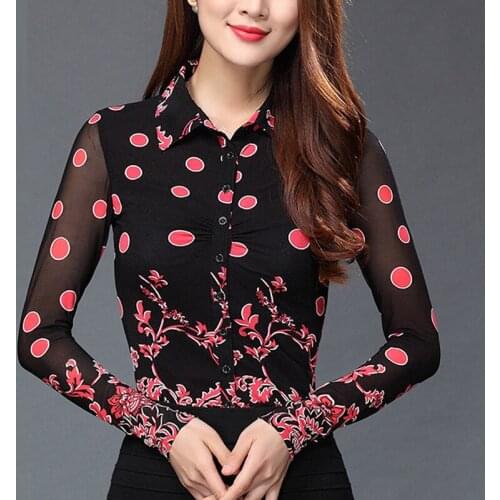 Spring Fall Fashion Women Printed Floral Pattern Polka Dot Full Sleeve Mesh Stretch Blouse , Casual Woman Floral 3XL 4XL Blouses