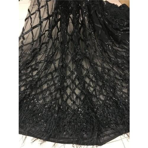 Black Hot sell design african net lace fabric with beads and feather JRB-102138 Pretty embroidered tulle mesh lace fabric