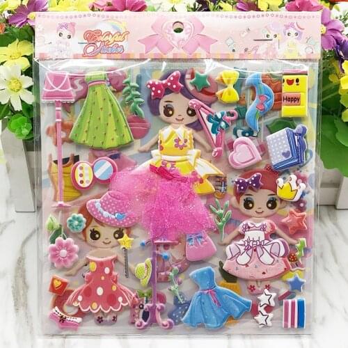 Childrens princess dress-up stickers Fashion girls dress-up double-layer lace skirt three-dimensional bubble cartoon stickers