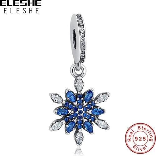 ELESHE Wholesale 925 Sterling Silver with Blue Crystal CZ Snowflake Dangle Charm Fit Original Bracelets for Women DIY Jewelry