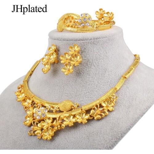 Indian Luxury gold color Jewelry sets Dubai African bride wedding collares Necklace earrings ring bracelet set for women gifts