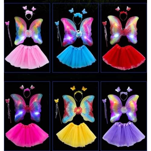 Halloween Girls Role-playing Cute Flashing LED Glow Costume Tulle Tutu Skirt Double Layer Butterfly Wings Princess Cosplay Dress
