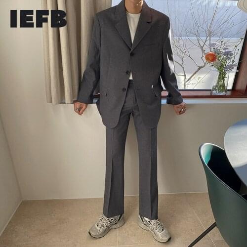 IEFB Spring New Mens Suit Mens Korean Fashion Slim Single Breasted Blazer + Straight Suit Pants Casual Loose Two Pieces Set