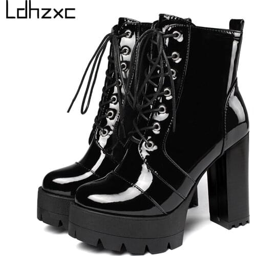 LDHZXC 2020 Thick High Heeled Female Patent Leather Ankle Boots platform Round Toe Zipper Women Short Boots Gothic Women Shoes