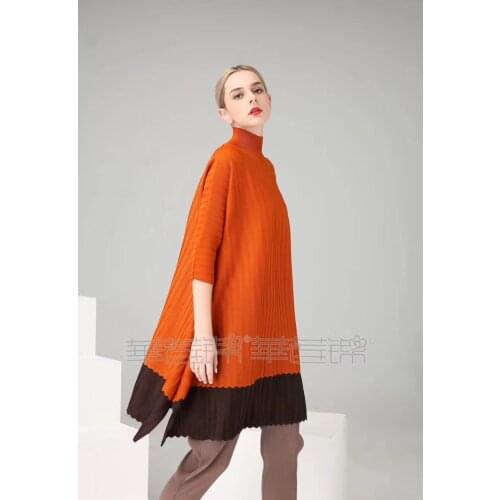 HOT SELLING Miyake Fashion fold half sleeve patchwork turtleneck A-Line dress IN STOCK