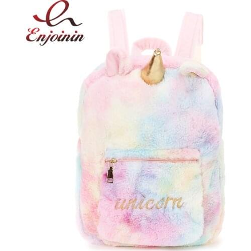 Cute Unicorn Embroidered Letter Faux Fur Macaron Color Girls Zipper Backpack Mini Travel Bag School Bag Female Backpack Mochila