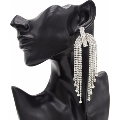 Europea Fashion Luxury color Gold Metal Long Tassel Drop Earing Full Rhinstone Fringe Earrings Dangle For Bridesmaid Bridal Ear