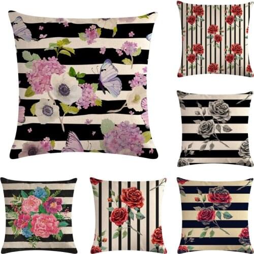 Printed Rose pattern Cushion cover Geometric Printed pillowcase Linen cotton Cushion Pillow covers Sofa Home Decor 45x45cm