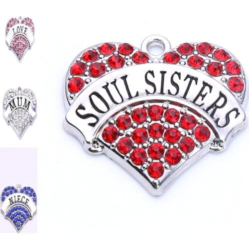 New Arrival 20 pcs a lot rhodium plated LOVE/MUM/NIECE/SOUL SISTERS with crystal heart pendant