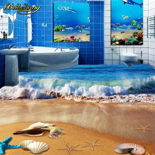 Beibehang Custom Waves Beach shell Floor Wallpaper Bathroom Floor Mural Paintings PVC Self-adhesive Wall paper Waterproof Murals