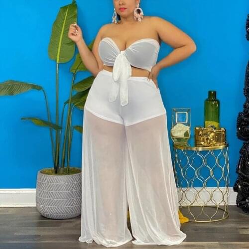 Chiffon Pants Sets For Women Large Size 4XL 5XL Solid Crop Tops & Wide Leg Pants See Through Sexy Evening Night Club Outfit Sets