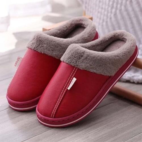 Winter Womens Plush Slippers for Home Ladies Flat Shoes Woman PU Waterproof Soft Comfort Footwear Female Sewing Indoor Slipper