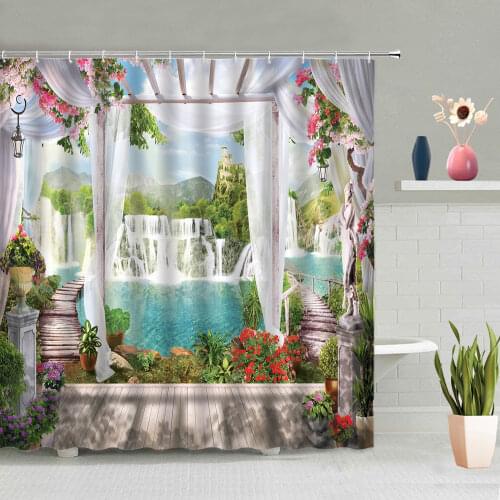 European Style Scenery Shower Curtain Waterfall Flower Green Leaves Plant Park Landscape Bathtub Decor Screen Washable With Hook