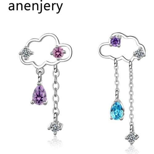 ANENJERY 925 Sterling Silver Cute Asymmetric Cloud Earrings For Women Water Drop Tassel Earring brincos oorbellen S-E810