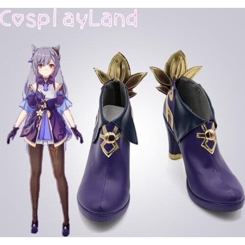 Game Genshin Impact Keqing Cosplay Boots Shoes Leather Shoes Cosplay Accessories Halloween Party Shoes for Women High Heel Shoes