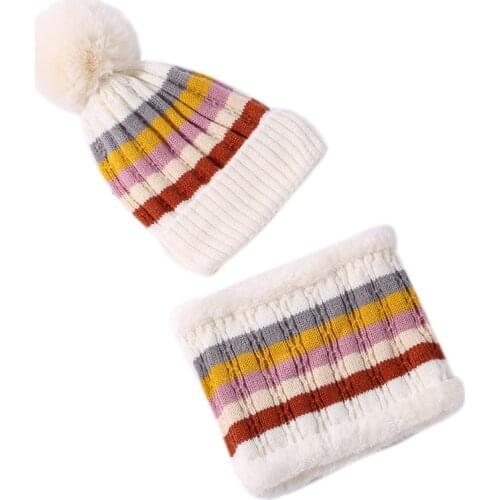 Womens Winter Knit Beanie Hat Scarf Set Slouchy Thick Faux Fleece Lined Pompom Ski Skull Cap Contrast Color Striped Neck H9ED