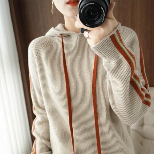 100% Pure Wool Cashmere Sweater Autumn and Winter Thick Sweater Woman Hooded Collar Pullover Casual Knitted Top Jacket Female