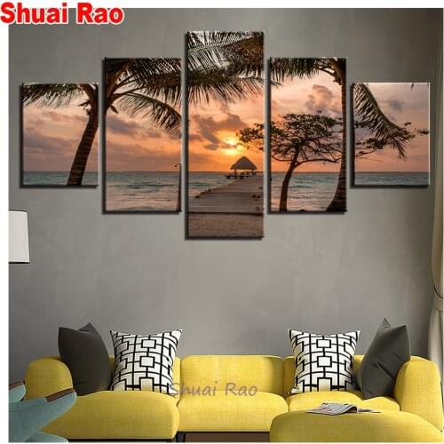 New 3d Full drill square round diamond painting 5 Panel Wooden Bridge Sunset landscape,DIY diamond embroidery of 5d rhinestones