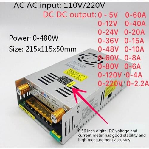 Power supply Current Limiting Adjustable Voltage 480W Digital Display Switching Power Supply 0-24V 0-36V 0-48V 0-80V 0-120V