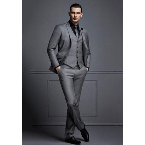 Hot Sale Two Buttons Gray Groom Tuxedos Notch Lapel Groomsmen Mens Wedding Prom Suits (Jacket+Pants+Vest+Tie) NO:131