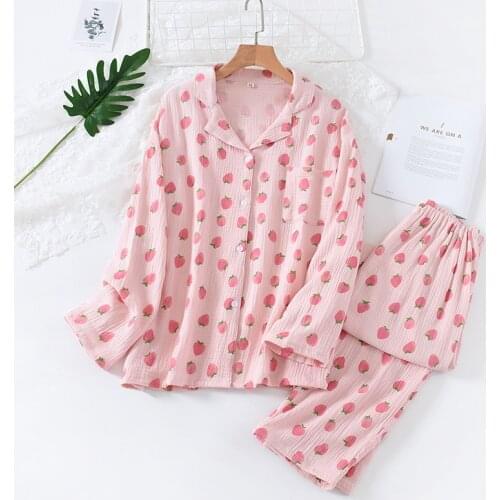 Fashion Spring and Autumn New Style Cotton Gauze Ladies Pajamas Suit Cute Long-sleeved Trousers Pure Cotton Home Service Women